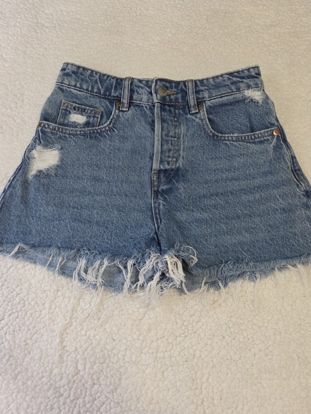 H&M Distressed Jean Shorts High Rise Medium Wash Denim